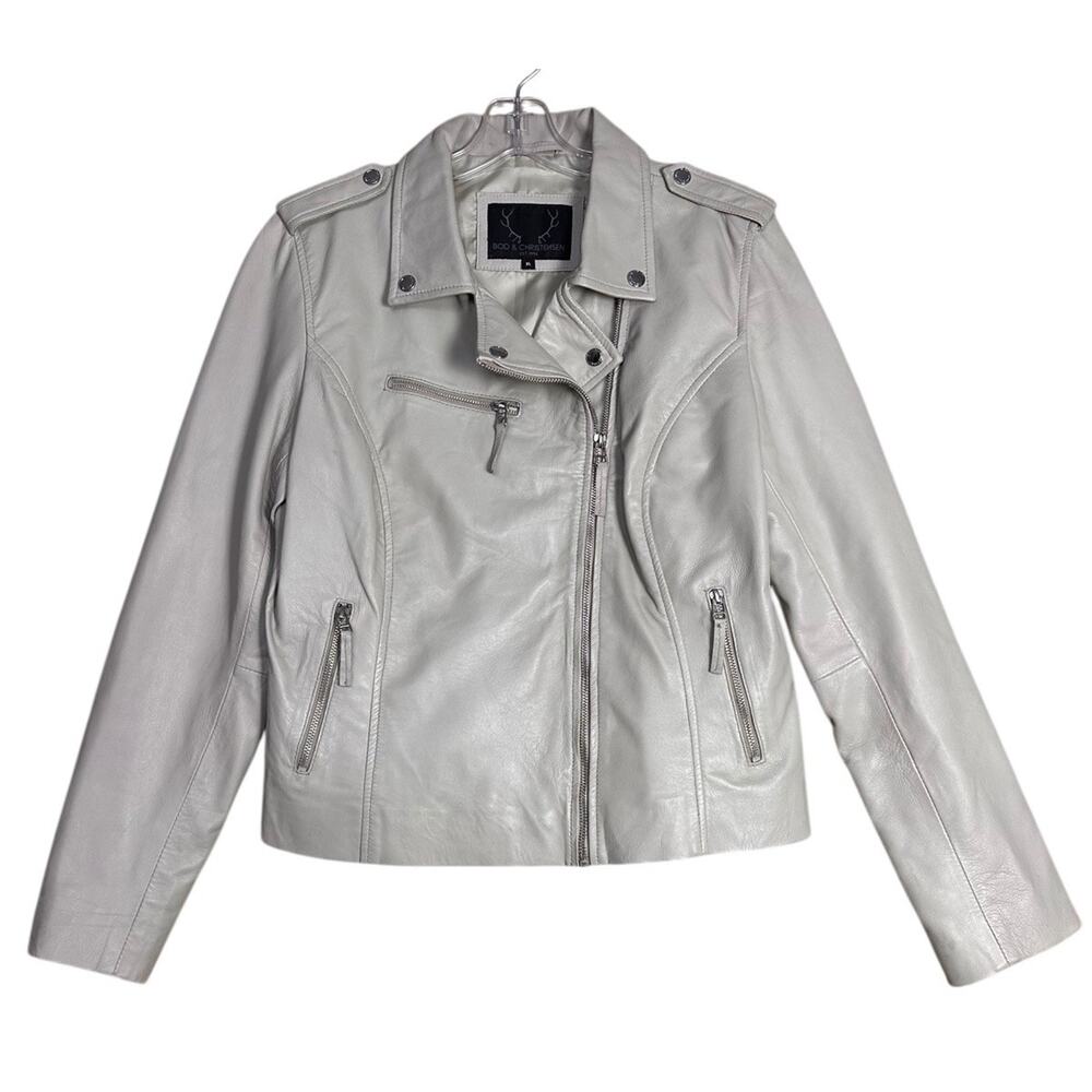 Bod & Christensen Beige Cream Soft Leather Biker Moto Bomber Jacket Sz XL Grunge - Picture 2 of 14